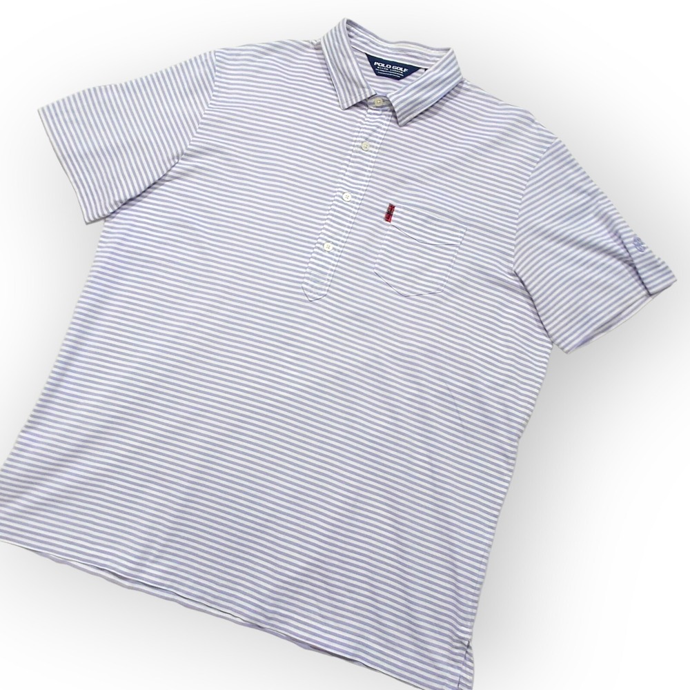 Polo Golf Ralph Lauren Shirt Mens L Blue Striped 100% Pima Pocket Rare Tab Logo